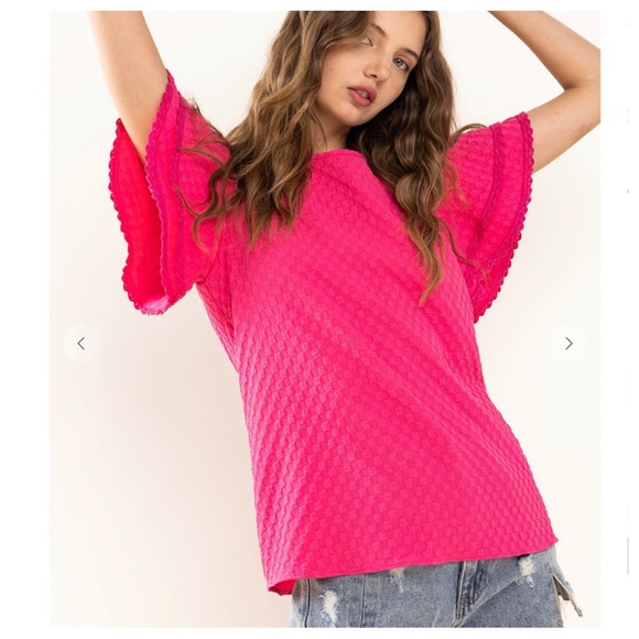 35 Boho Textured Double Ruffle Short Sleeve Top - Picture 6 of 7